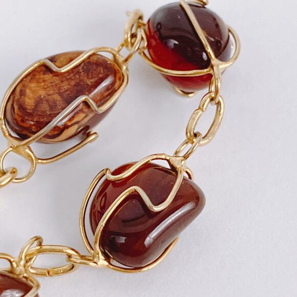 VTG Agate Quartz Gemstone Bracelet 1960s 1970s Artisan Gold Tone Wire Wrapped - Picture 8 of 13